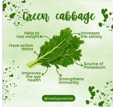 Green Cabbage leaf w/ benefits listed
