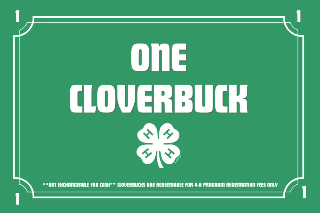 A Cloverbuck which is a green rectangle with white lettering that looks like a one dollar bill